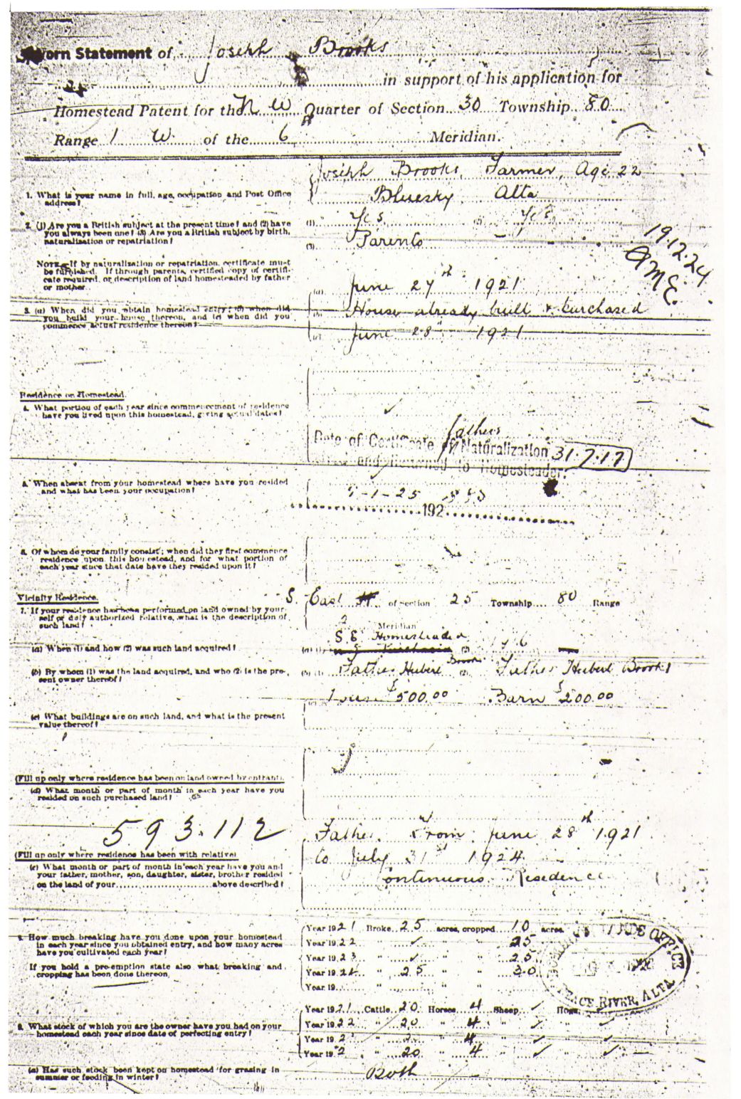Provincial Archives of Alberta File 3168678 - Joseph Brooks -Statement 1 of 2